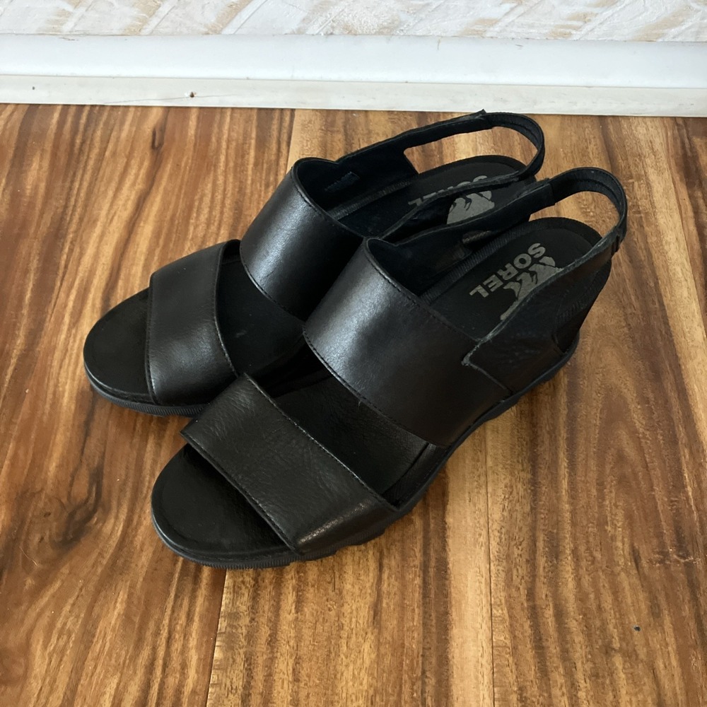 Sorel Black Joanie Wedge Sandals | Women's Leather Slingback 9.5